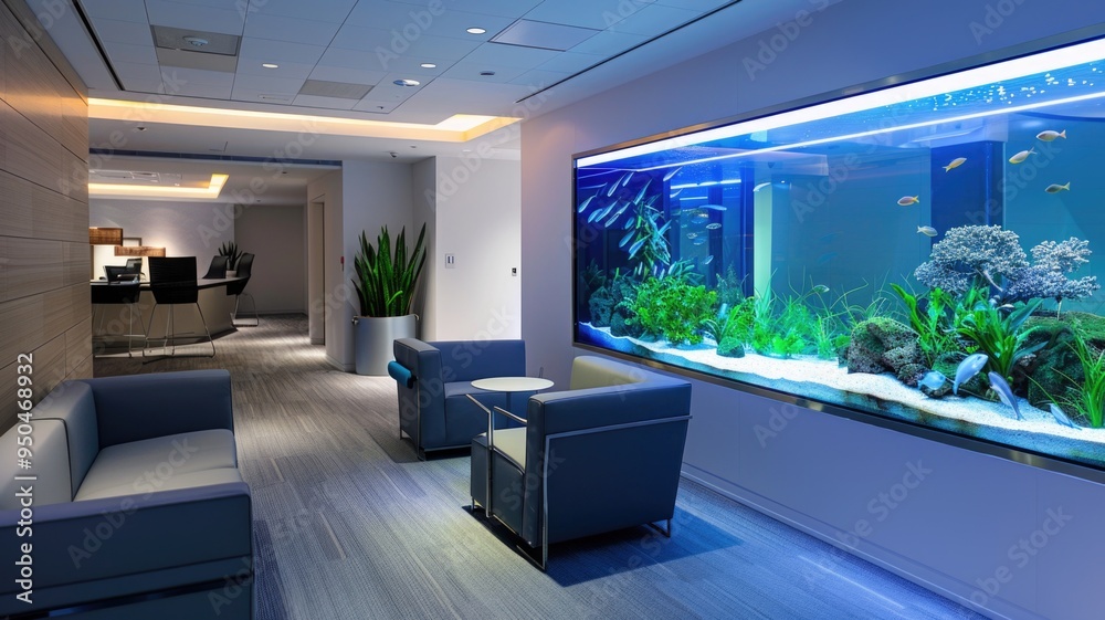 A quiet zone featuring an aquarium, promoting a tranquil environment A quiet zone featuring an aquarium, promoting a tranquil environment
