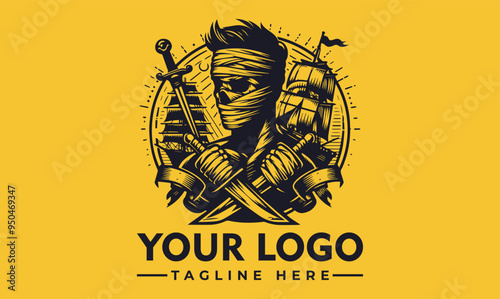 Mummy holding a dagger vector logo with a pirate ship in the background. Suitable for Halloweenthemed designs, books, or spooky content creation.