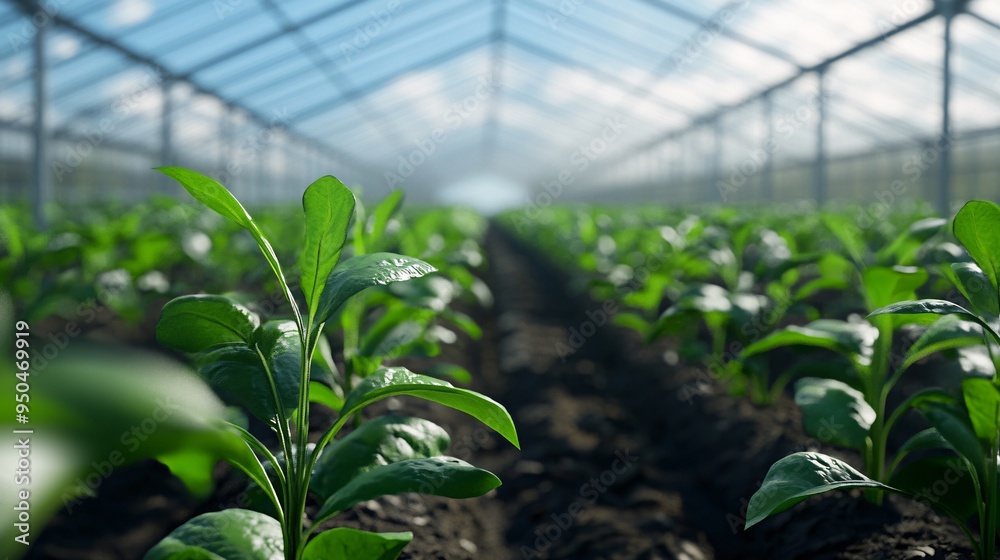 A futuristic greenhouse where climate-smart technology is controlling the growth of various crops. The greenhouse is filled with rows of healthy, green plants, each receiving optimal light,