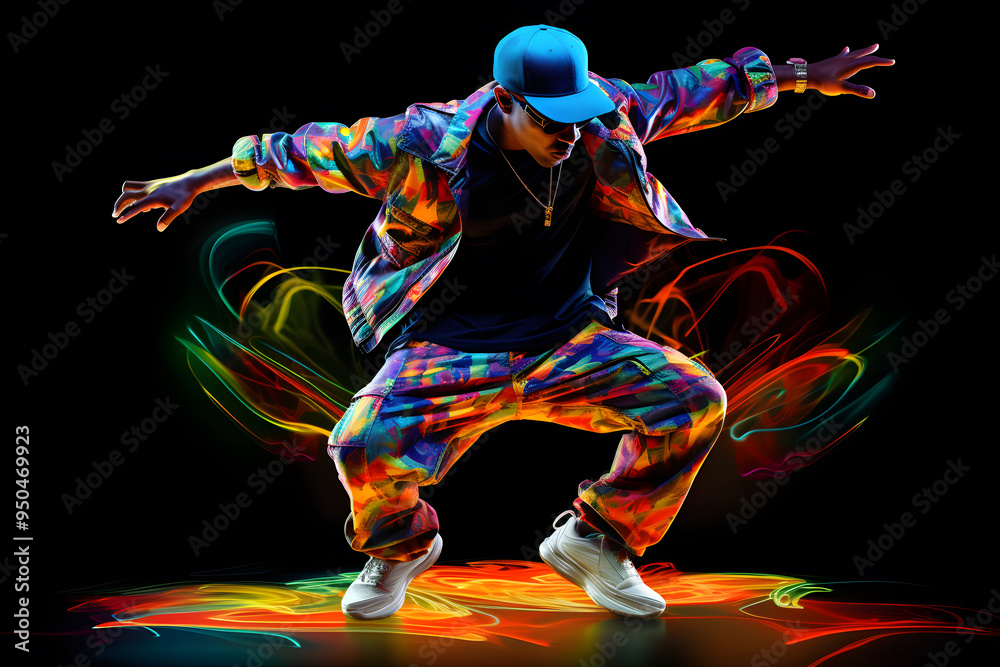 Man in bright clothes dancing hip-hop isolated on dark background in mixed neon light Man in bright clothes dancing hip-hop isolated on dark background in mixed neon light