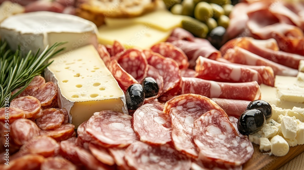 Artfully Arranged Charcuterie Boards Showcasing Cured Meats, Cheeses, and Accompaniments on Table with Plain Background