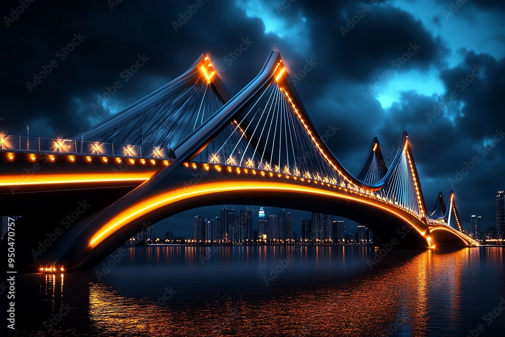 Fototapeta premium Bridge Cable-Stayed, Futuristic, and Nighttime visualized in a futuristic city where a cable-stayed bridge glows with neon lights, its design both innovative and visually stunning against the