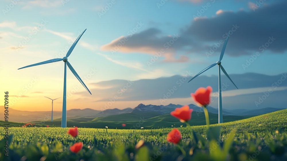 Φωτογραφία Wind turbines stand tall in a field of poppies against a backdrop of mountains and a vibrant sunset