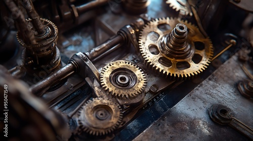 Gears intricate machinery steampunk-inspired workshop brass instruments vintage industrial heavy textures