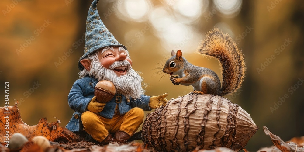 A gnome and a squirrel share a laugh in the A gnome and a squirrel share a laugh in the