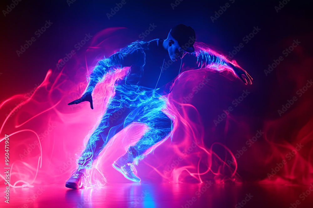 Man in bright clothes dancing hip-hop isolated on dark background in mixed neon light