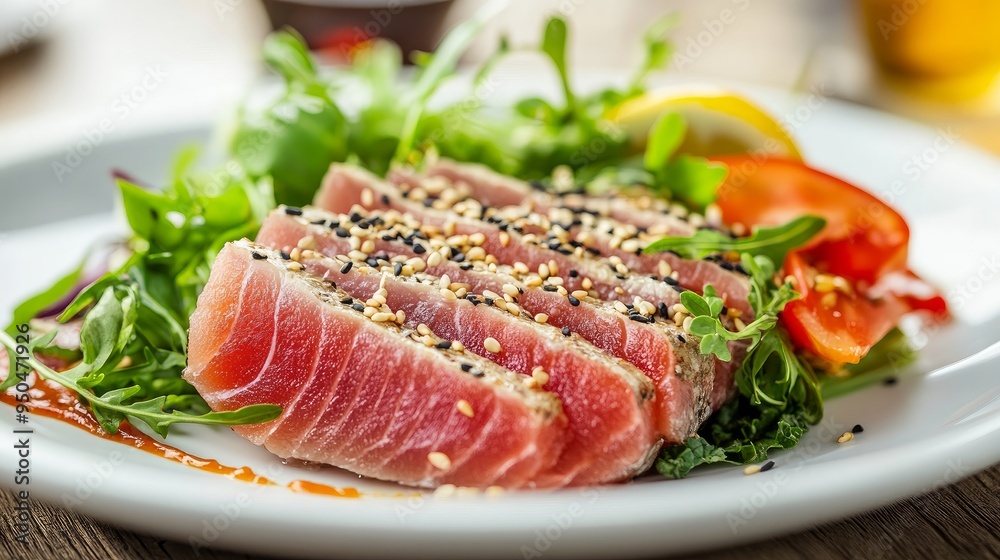 a dish featuring thinly sliced tuna and topped with sesame seeds. The food is arranged in an aesthetically pleasing way on a white plate. a dish featuring thinly sliced tuna and topped with sesame seeds. The food is arranged in an aesthetically pleasing way on a white plate.
