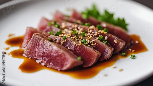 a dish featuring thinly sliced tuna and topped with sesame seeds. The food is arranged in an aesthetically pleasing way on a white plate.