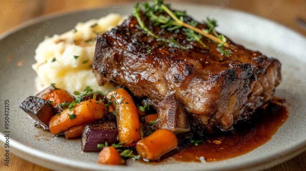 a plate of meat served with vegetables and mashed potatoes on the side. The veggies are roasted, and the meat is expertly prepared and seasoned. a plate of meat served with vegetables and mashed potatoes on the side. The veggies are roasted, and the meat is expertly prepared and seasoned.
