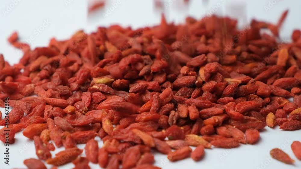 Goji Berries tibetan barberry dried superfood longevity berries pouring, slow motion Goji Berries tibetan barberry dried superfood longevity berries pouring, slow motion