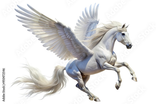 Majestic white winged horse, Pegasus, in flight,  isolated on a white background 