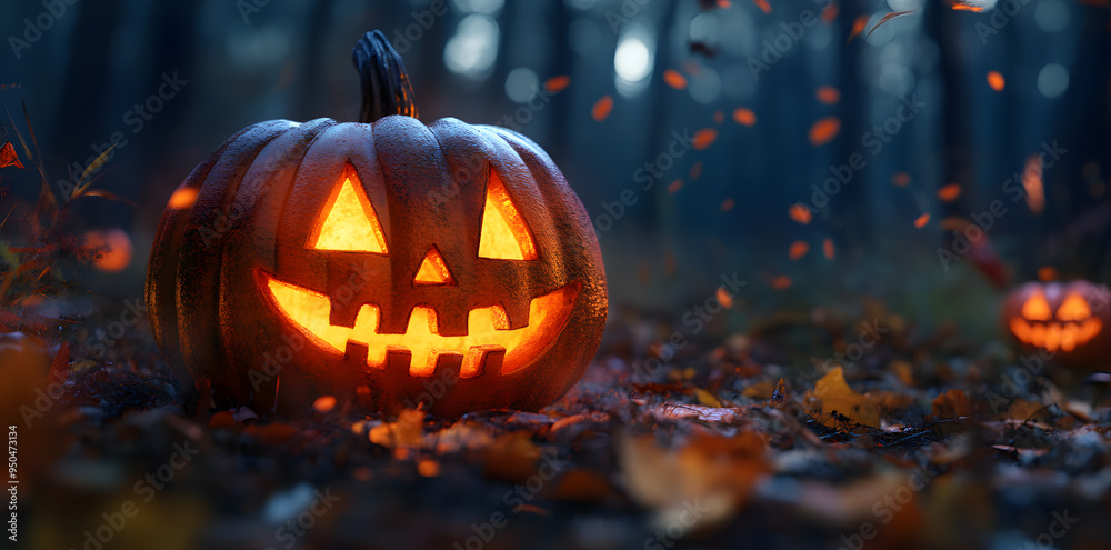Halloween evening scene with pumpkins Jack O Lantern with evil face on dark background Halloween evening scene with pumpkins Jack O Lantern with evil face on dark background