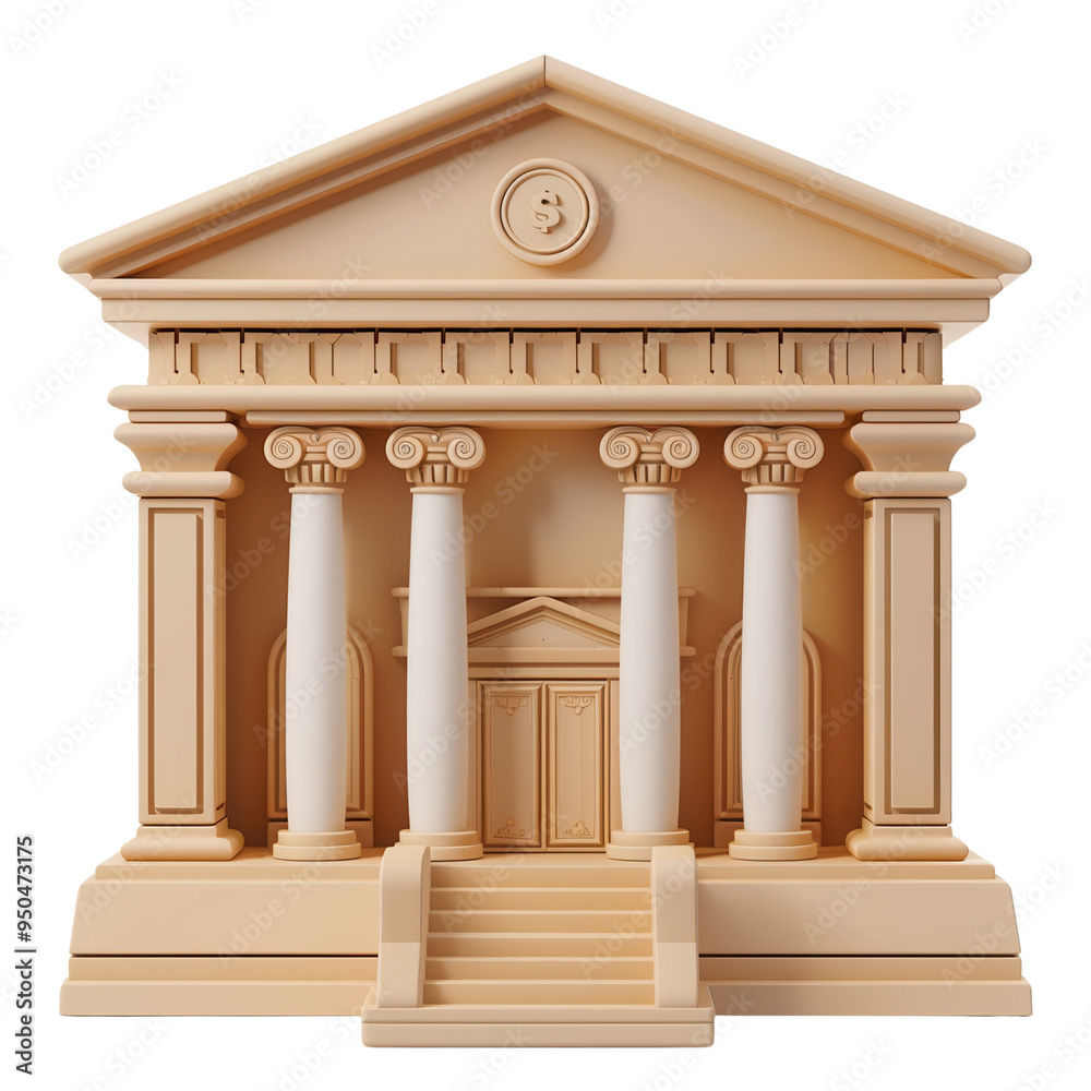 Obraz premium 3D illustration of a classical bank building with pillars and detailed architecture, representing finance, banking, and stability.