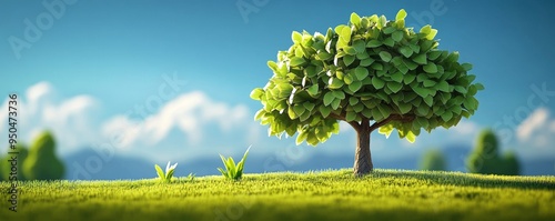 A lone tree stands tall in a grassy field under a bright blue sky. photo