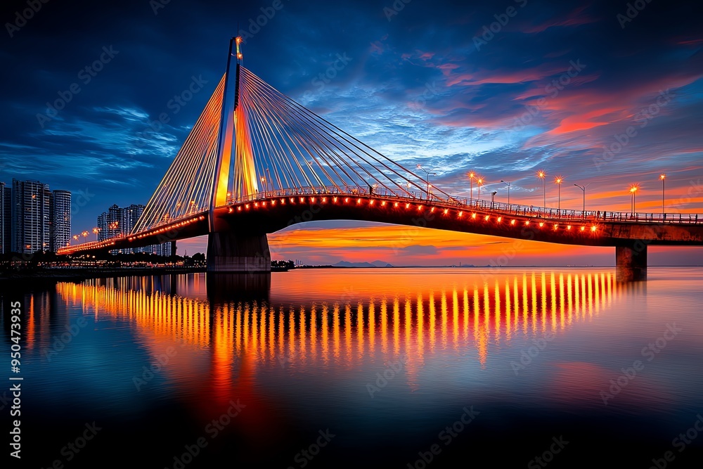 Obraz premium Bridge Cable-Stayed, Futuristic, and Sunset visualized in a cityscape where a cable-stayed bridge glows in the warm light of the setting sun, its sleek lines highlighted against the colorful