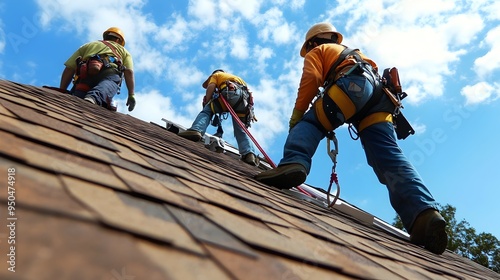 Two skilled roofers wearing safety harnesses and using tools while working on a steep roof of a residential or commercial building