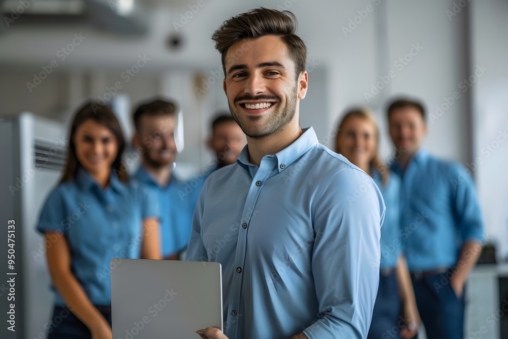 Smiling Businessman Holding Laptop with Team in Background Smiling Businessman Holding Laptop with Team in Background