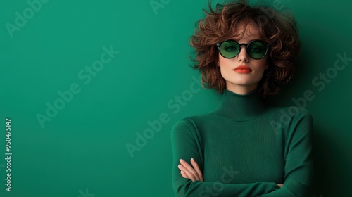 A confident woman wearing a green turtleneck and large round sunglasses, standing against a matching green background with crossed arms, exuding confidence and style. photo