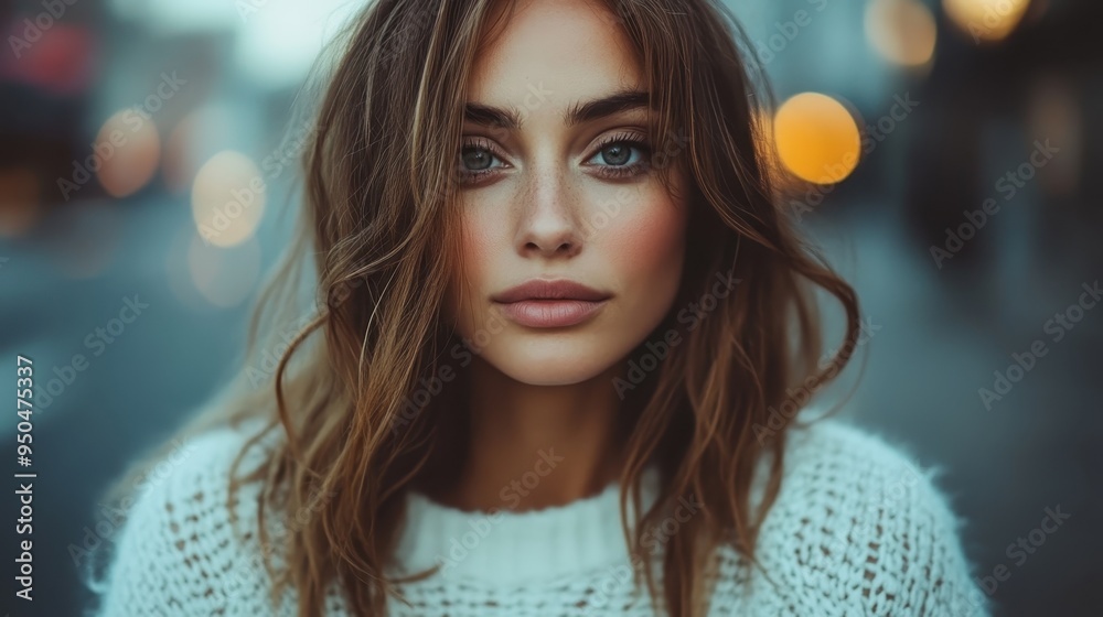 A woman wearing a white sweater stands against a soft urban background, characterized by gentle evening lights, her expression calm and inviting, epitomizing urban elegance. A woman wearing a white sweater stands against a soft urban background, characterized by gentle evening lights, her expression calm and inviting, epitomizing urban elegance.