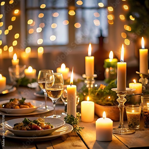 A Christmas dinning tables with decorations and lights