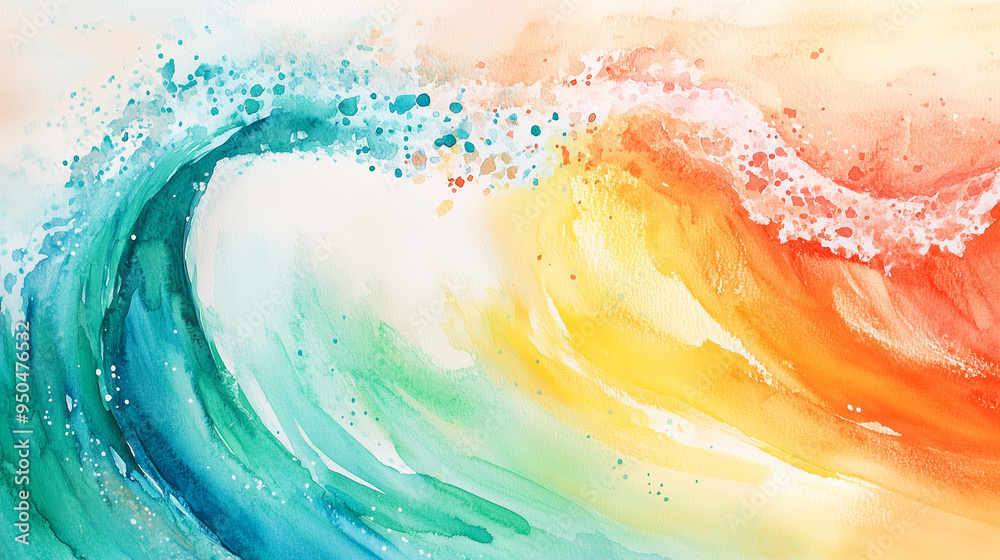 Fototapeta premium Akwarelowa, abstrakcyjna fala zachwyca swoją swobodną formą i żywymi barwami, które odzwierciedlają letnią radość.