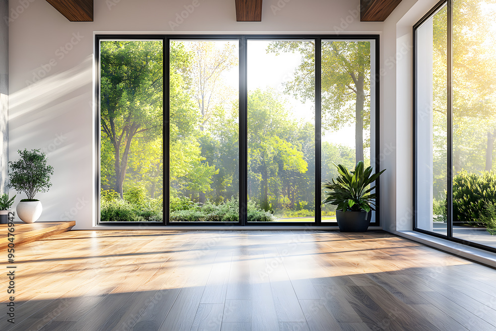 Empty High Ceiling Room with White Big Windows, Wooden Floor and White Walls interior design mock up Empty High Ceiling Room with White Big Windows, Wooden Floor and White Walls interior design mock up
