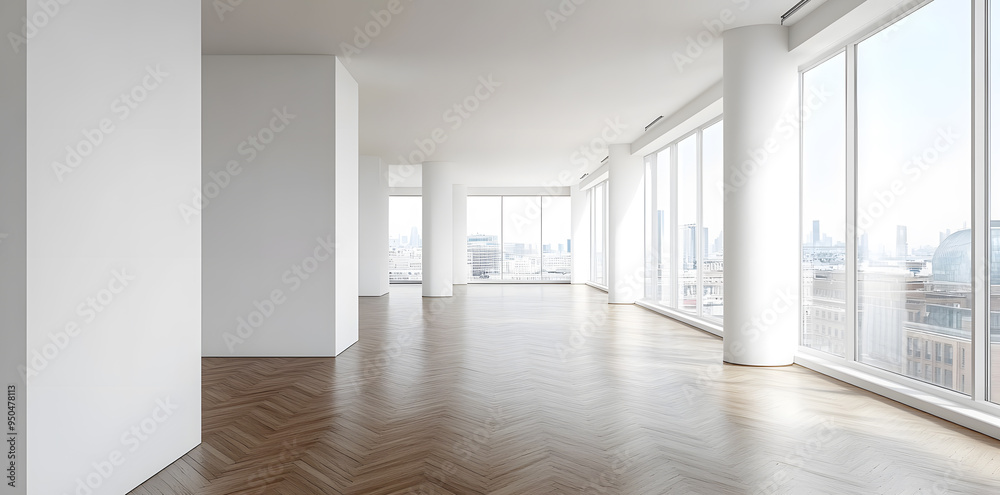 Empty High Ceiling Room with White Big Windows, Wooden Floor and White Walls interior design mock up Empty High Ceiling Room with White Big Windows, Wooden Floor and White Walls interior design mock up