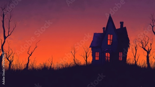 Spooky house silhouette at sunset with barren trees, creating an eerie and mysterious atmosphere, perfect for Halloween themes.