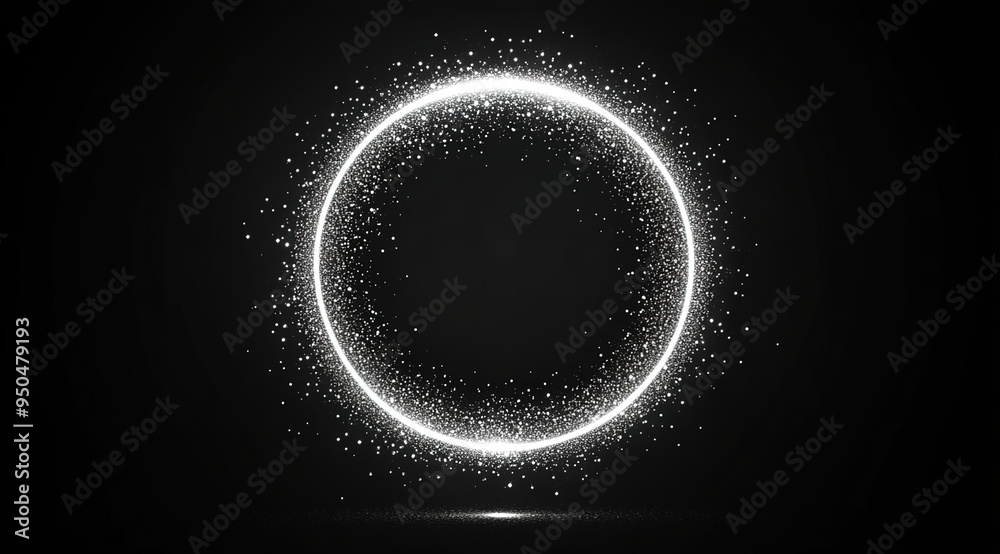 White, glowing circular frame with particles isolated on a black background. White, glowing circular frame with particles isolated on a black background.