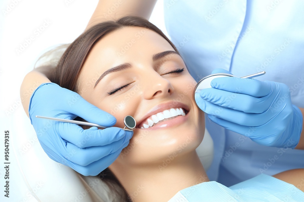 Cheerful woman admiring her smile at the dentist, positive healthcare experience in a modern clinic Cheerful woman admiring her smile at the dentist, positive healthcare experience in a modern clinic