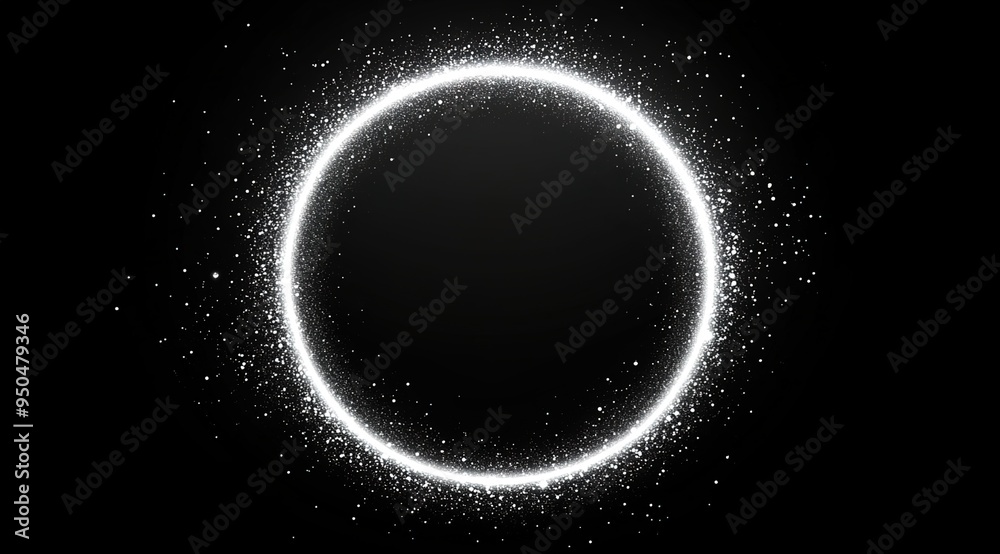White, glowing circular frame with particles isolated on a black background. White, glowing circular frame with particles isolated on a black background.