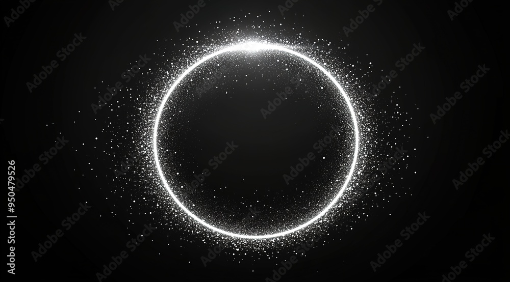White, glowing circular frame with particles isolated on a black background. 