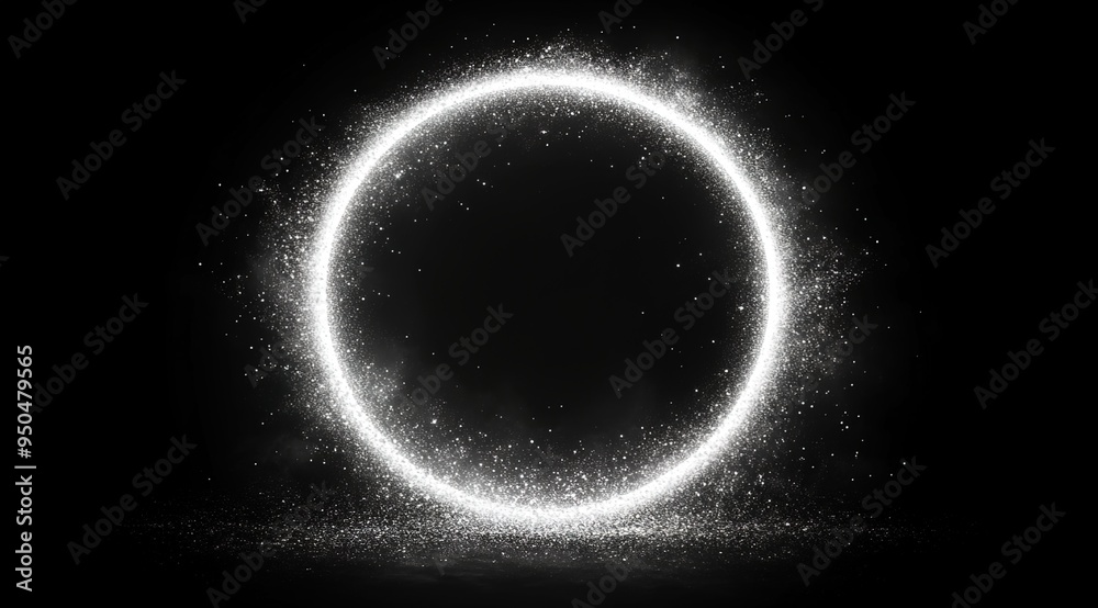 Fototapeta premium White, glowing circular frame with particles isolated on a black background. 