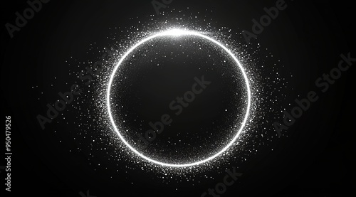 White, glowing circular frame with particles isolated on a black background. 