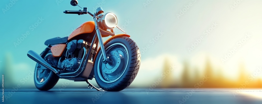 Fototapeta premium A classic motorcycle parked on a city street with a bright blue sky in the background.