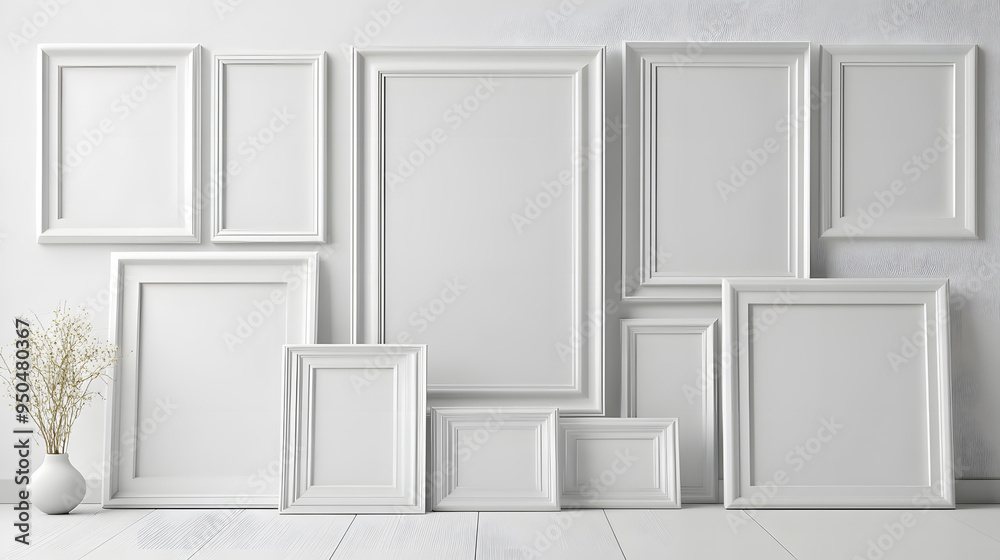 Collection of Various White Picture Frames on White Wall Mock up Collection of Various White Picture Frames on White Wall Mock up