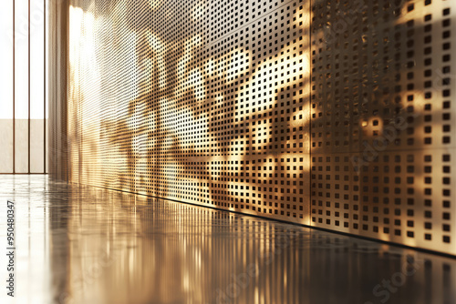 A Stunning 3D Render of a Bronze Metallic Wall Reflecting Light and Creating Intriguing Geometric Patterns in Space