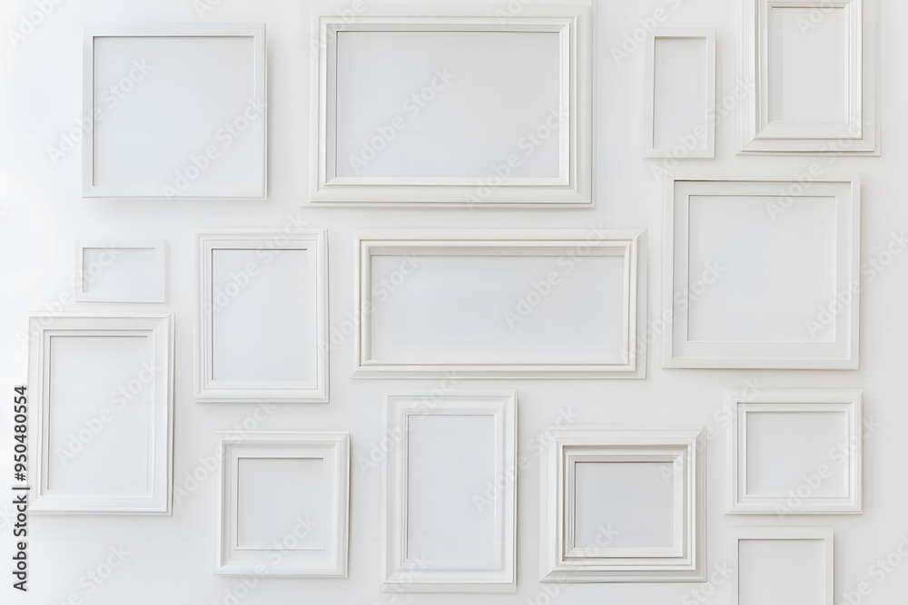 Collection of Various White Picture Frames on White Wall Mock up Collection of Various White Picture Frames on White Wall Mock up