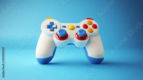 A colorful video game controller isolated on a blue background. photo