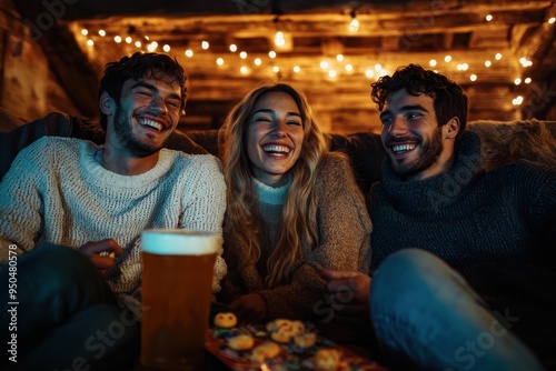 Three friends, composed of two men and one woman, laugh and enjoy their time together indoors at night, highlighting the warmth of friendship and shared joy in a cozy setting.