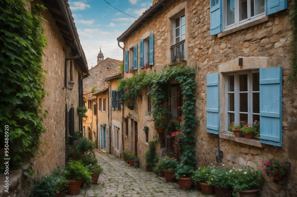 Charming Narrow Alley with Rustic Stone Houses and Blue Shutters in a Picturesque Village