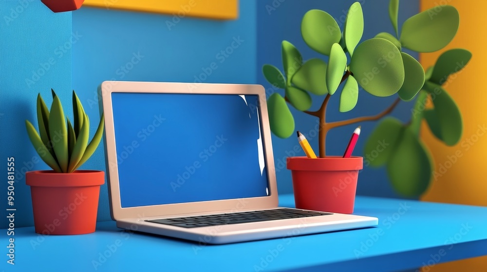 A modern laptop with blank screen sits on a blue desk, surrounded by plants and colorful pencils. A modern laptop with blank screen sits on a blue desk, surrounded by plants and colorful pencils.