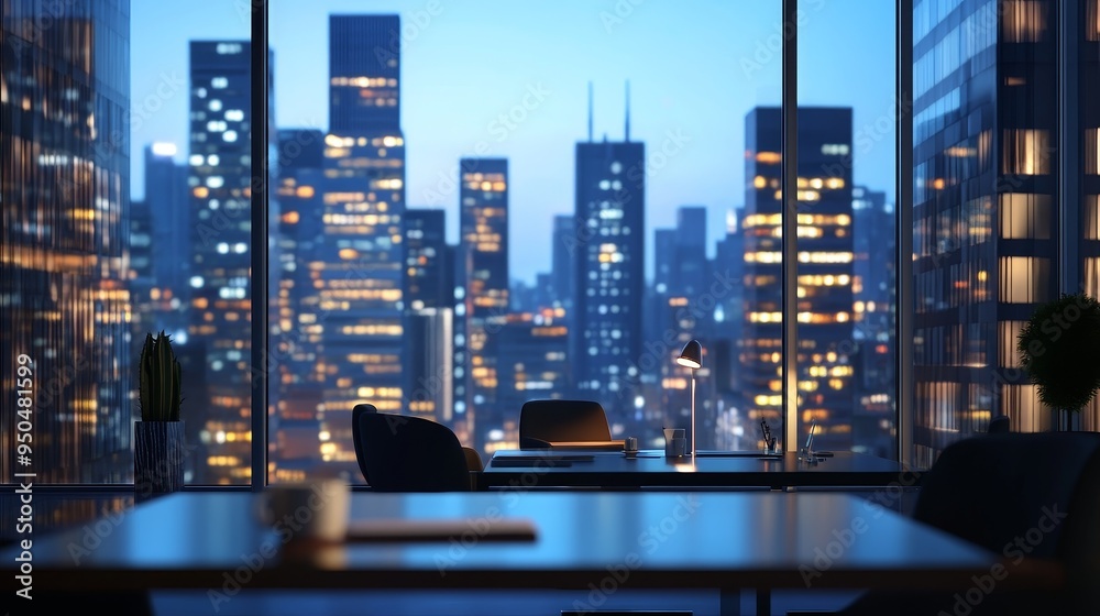 A modern office with a stunning city skyline view at night.  The desk is empty, suggesting a sense of peace and possibility.  The city lights create a warm glow in the background.
