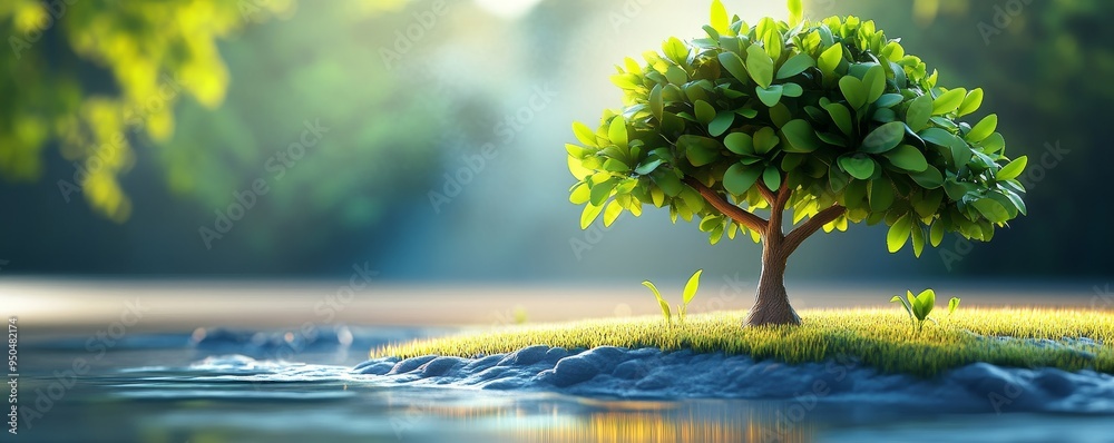 A single tree stands on a small island in a calm river. The lush greenery and soft sunlight create a peaceful scene. A single tree stands on a small island in a calm river. The lush greenery and soft sunlight create a peaceful scene.