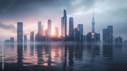 Stunning modern cityscape at sunrise with tall skyscrapers and reflection on calm water, creating a serene and futuristic atmosphere.