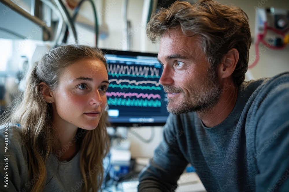Two individuals are observing a computer screen displaying various colorful wavy lines, suggesting a scientific or medical environment, possibly analyzing data or results. Two individuals are observing a computer screen displaying various colorful wavy lines, suggesting a scientific or medical environment, possibly analyzing data or results.