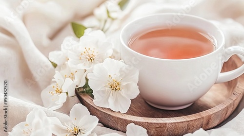 Delicate cup of white tea milk on a wooden plate surrounded by elegant flowers and soft, warm textures in a serene setting