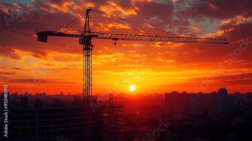 dramatic sunset silhouettes construction site towering crane and skeletal building framework against vibrant orange sky urban development theme with strong contrast and geometric shapes