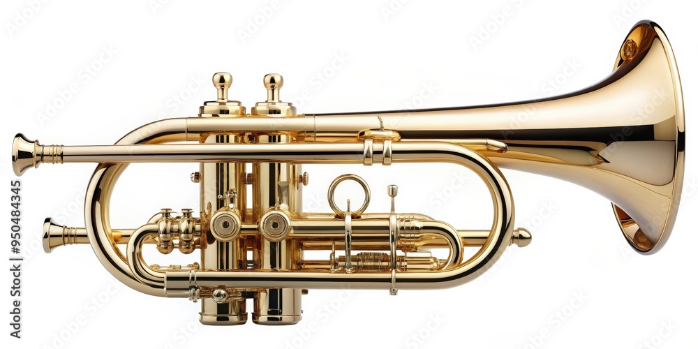 Obraz premium Shiny brass trumpet with intricate design , music, instrument, sound, jazz, classical, performance, brass, musician, wind, symphony