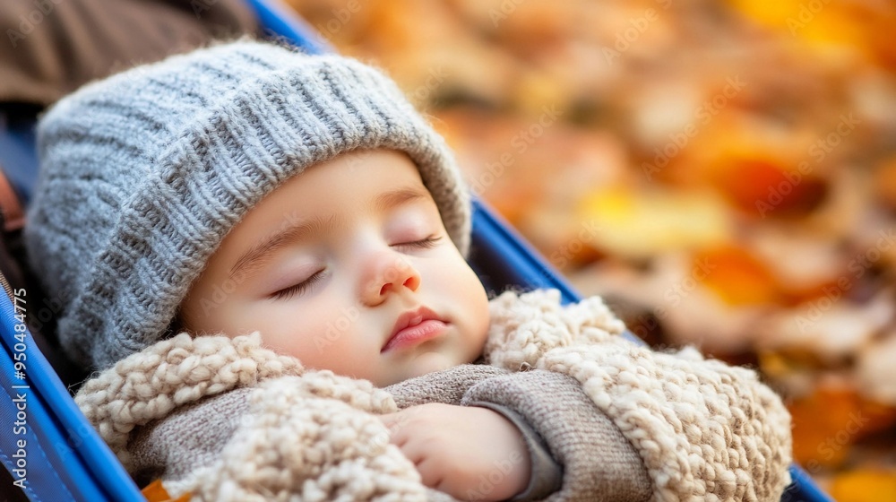 Infant sleeping peacefully in a modern blue stroller, cozy autumn outdoor setting with golden hour lighting Infant sleeping peacefully in a modern blue stroller, cozy autumn outdoor setting with golden hour lighting